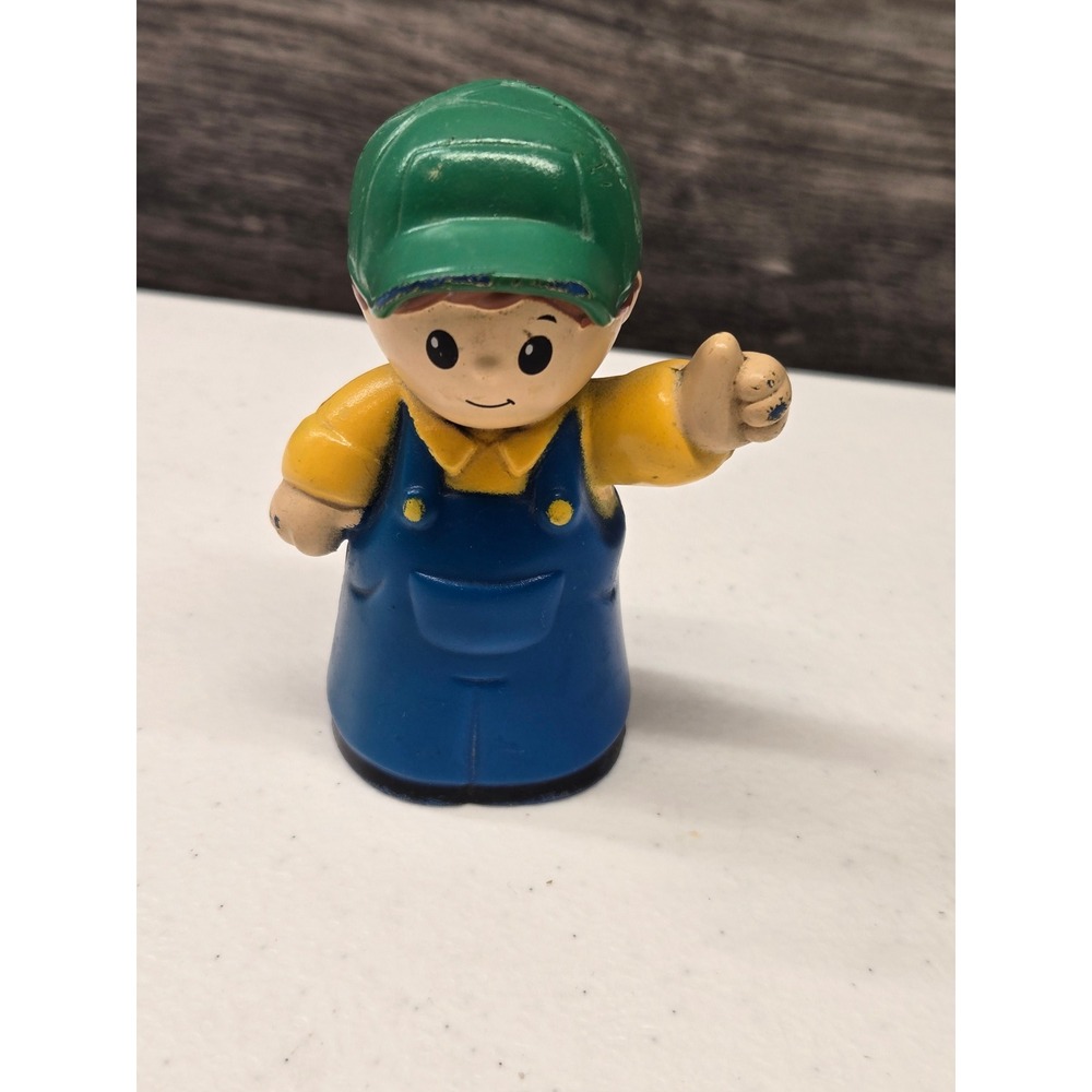 Fisher-Price Little People Boy Figure Green‎ Hat Blue Overalls Yellow Shirt Toy